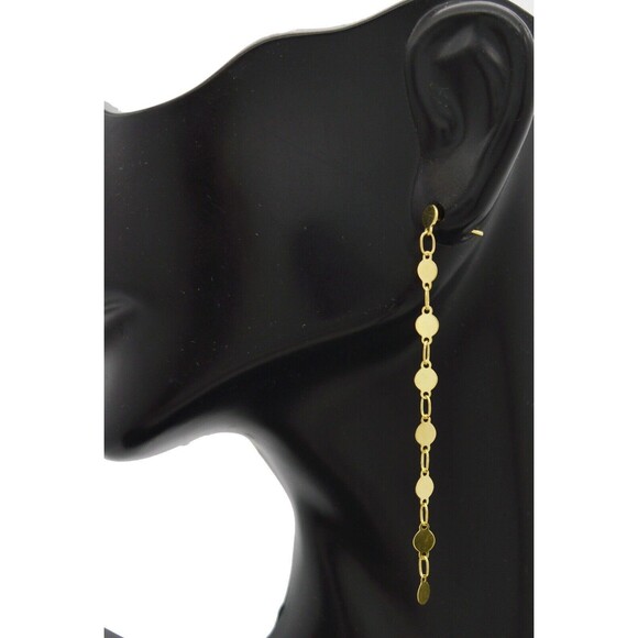 Real 14K Yellow Gold Polished Mirror Chain Drop/Dangle Earrings